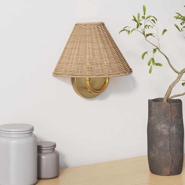 Shoal 11 in. 2 Light Vintaged Brass Finish Modern Wall Sconce with Rattan Shade