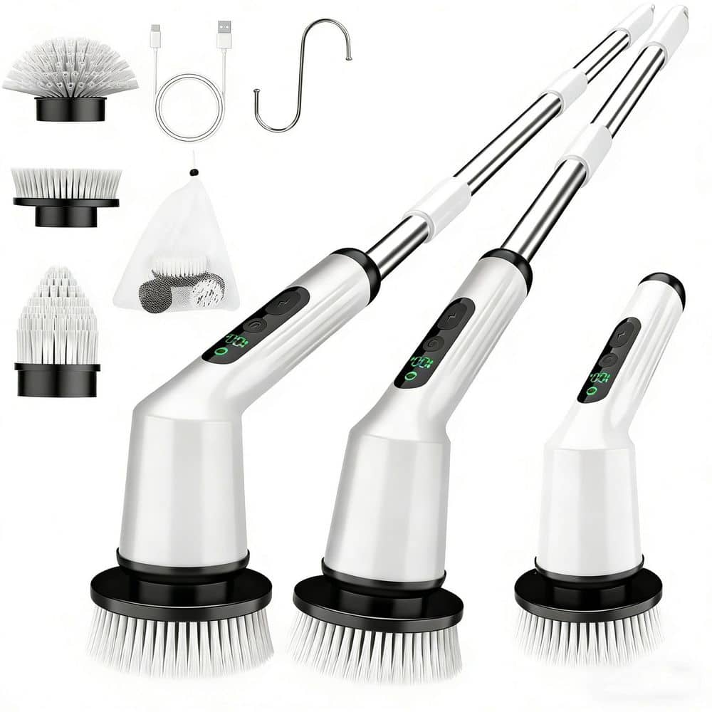 1-Piece Bathroom Accessory Set, Electric Spin Scrubber in White, Cordless Cleaning Brush with 3-Brush Heads