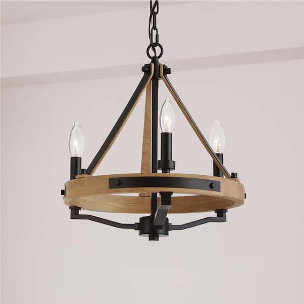 Savannah 3-Light Rustic Farmhouse Style Chandelier, Natural Brown and Matte Black Round Pendant Chandelier Light