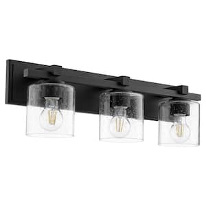 Kaplan Soft Contemporary, 24 in. W 3-LightsTextured Black Fixture Color Finish Vanity with Seeded Glass Shades