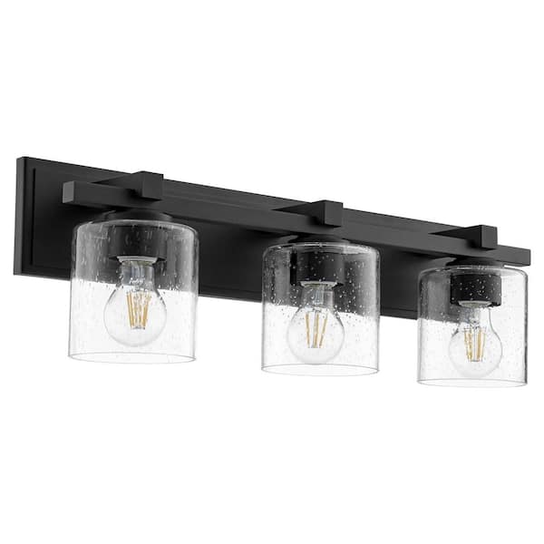 Quorum INTERNATIONAL Kaplan Soft Contemporary, 24 in. W 3-LightsTextured Black Fixture Color Finish Vanity with Seeded Glass Shades