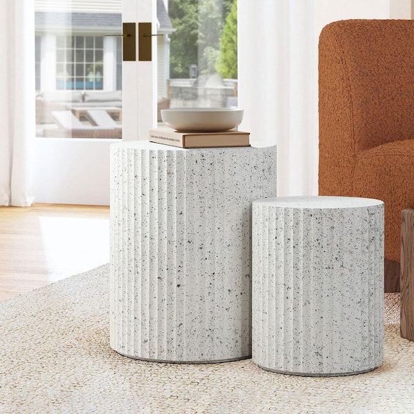 15.75 in. 2-Piece White with Gray Flecks MDF Wood Nesting End Table Set