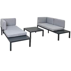 Black 3-Piece Aluminum Alloy Outdoor Sectional Set with End Table, Coffee Table and Gray Cushions