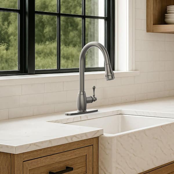 Single Handle 16. 6 in. H Pull Down Sprayer Kitchen Faucet with 2-Function 360° Swivel Spout in Brushed Nickel