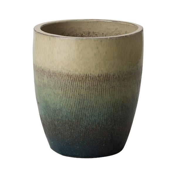 Emissary Bullet 14 in. D x 15.5 in. H Bayside Green Ceramic Round Planter with Drainage Hole