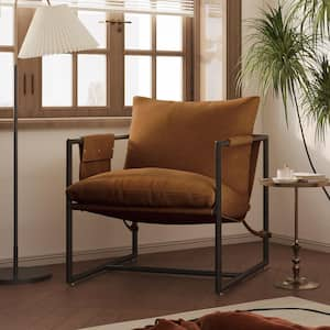 Modern Brown Corduroy Upholstered Accent Chair Armchair with Metal Frame, Removable Cushions and Storage Bag