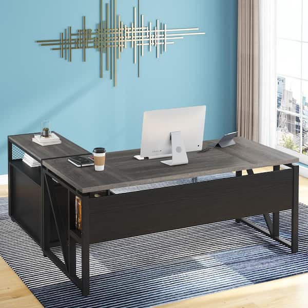 BYBLIGHT Lanita 62.9 in. L Shaped Desk Gray and Black Engineered Wood 2-Drawer Computer Desk with File Cabinet