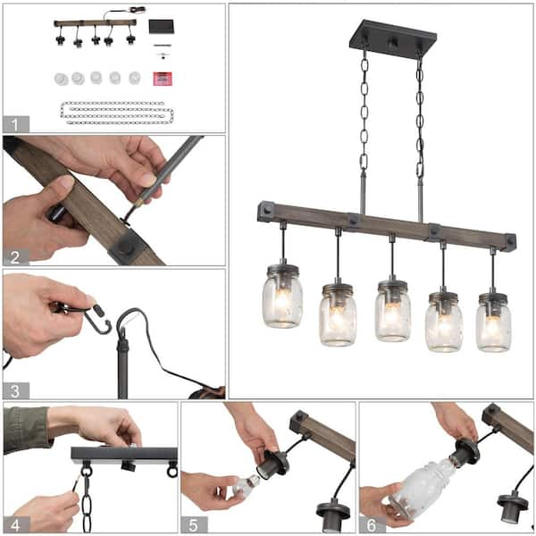 Have a question about LNC Morice Farmhouse Chandelier 5-Light Black Modern  Linear Mason Jar Island Chandelier with Faux Wood Accent? - Pg 1 - The Home  Depot