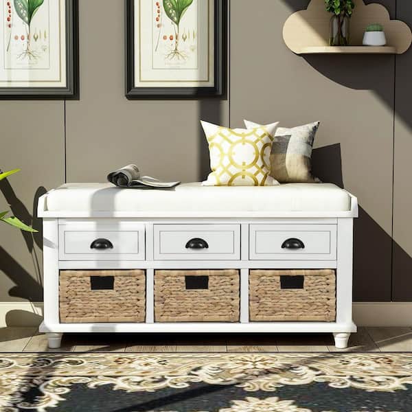 19 in. H x 42 in. W White Solid Wood Shoe Storage Bench with 3-Drawer and 3-Rattan Basket
