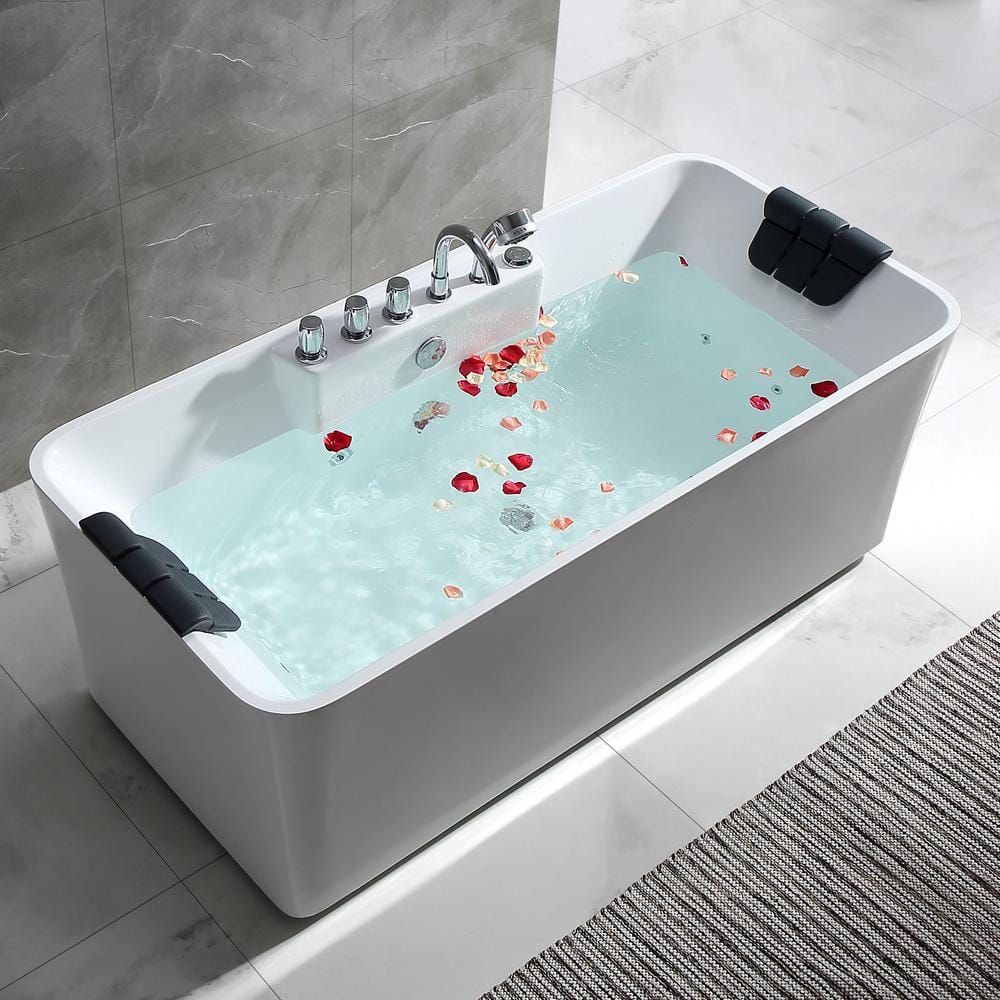 59" White Freestanding Acrylic Whirlpool Bathtub with Faucet