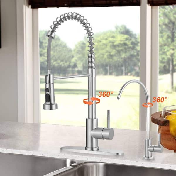 20.3 in. H Single Handle Pull Down Sprayer Kitchen Faucet w/360° Spout Swivel, Water Filter Faucet in Brushed Nickel