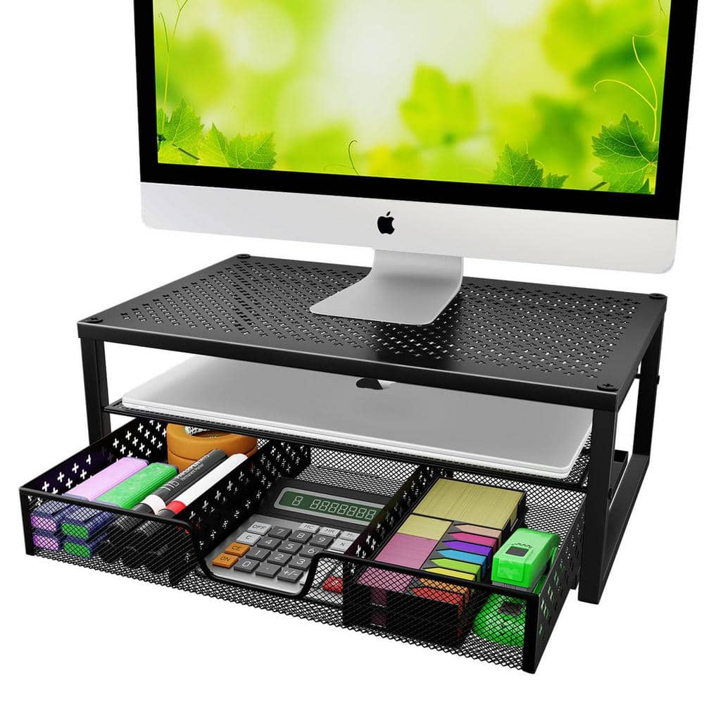 Black Metal Mesh Monitor Stand with Storage Drawers