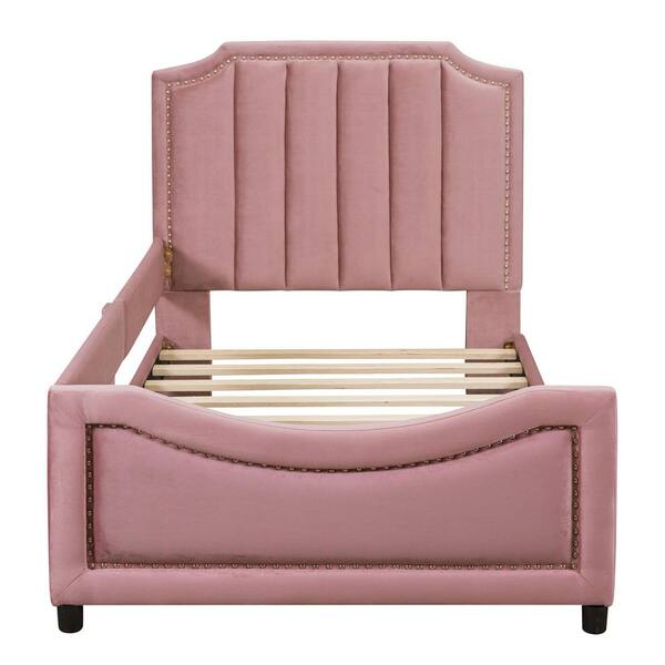 Nestfair Pink Wood Frame Twin Size Upholstered Platform Bed with