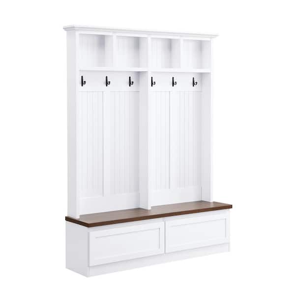 Farmhouse 4 in 1-Hall Tree with Wood Grain Bench, 2-Large Drawers, 6-Black Hooks, White/Walnut