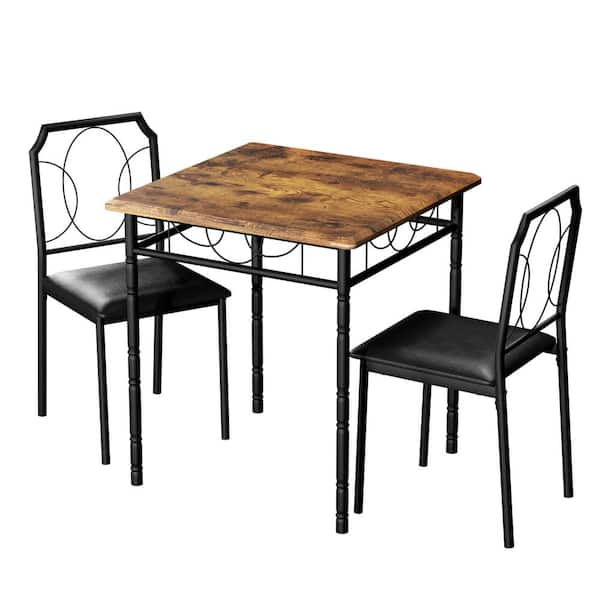 VECELO Square Dining Table Set, 27.5 in. L, Brown Wooden Marble Texture Dining Table with 2 Chairs Set For 2