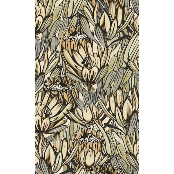 Walls Republic Cream/Grey Exotic Protea Flower Print Non-Woven Non-Pasted Textured Wallpaper 57 sq. ft.