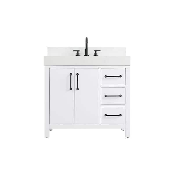 36 in. Single Sink White Bath Vanity with White Engineered Marble Top and Backsplash