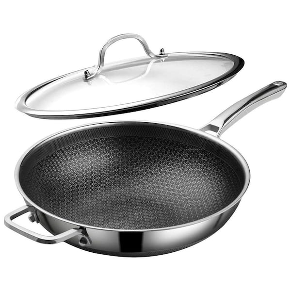 Hybrid 13 inch Wok with Lid Stainless Steel Nonstick Dishwasher Oven Safe Induction Compatible Stir Fry Pan