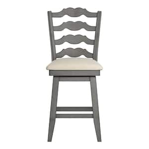 24 in. H Antique Grey French Ladder Back Swivel Chair with Beige Linen Seat