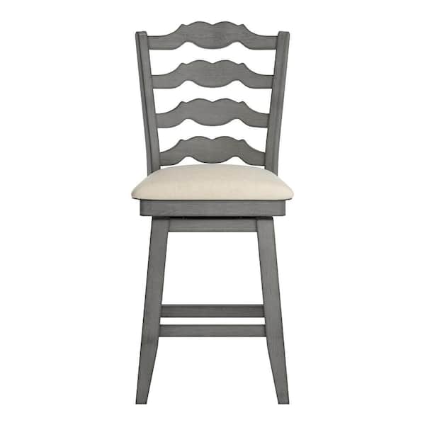 HomeSullivan 24 in. H Antique Grey French Ladder Back Swivel Chair with Beige Linen Seat