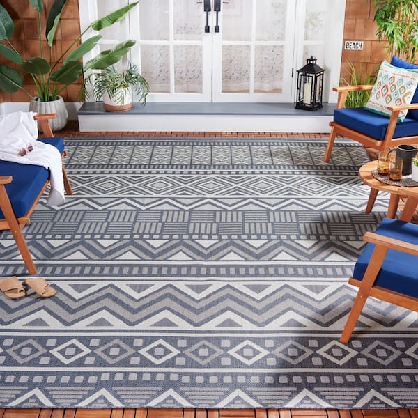 Martha Stewart Indoor Outdoor Navy/Creme 9 ft. x 12 ft. Striped Geometric Indoor/Outdoor Area Rug