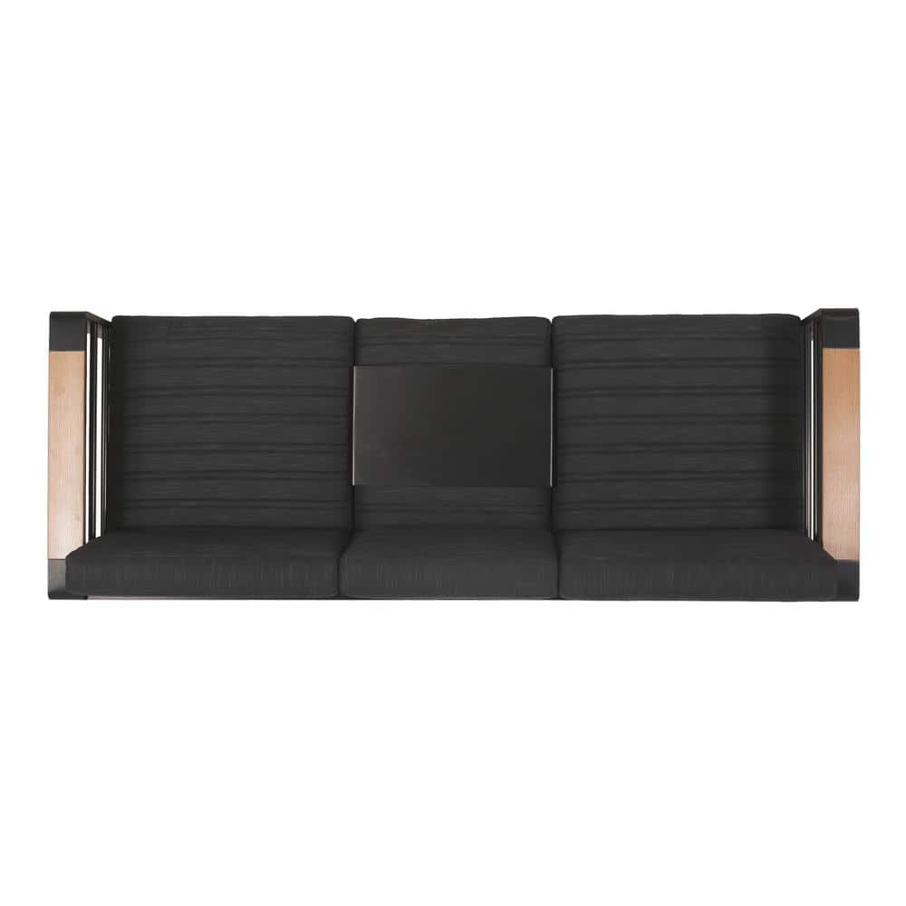 Modern Black and Natural Wood Three-Seater Outdoor Sofa