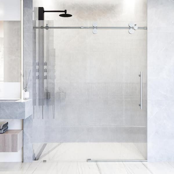 VIGO Elan 68 to 72 in. W x 74 in. H Sliding Frameless Shower Door in Stainless Steel with 3/8 in. (10mm) Fluted Glass