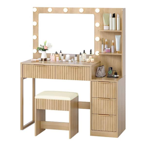 Karl home 2-Piece Oak-colored Makeup Vanity Set with 11 Three-color  Dimmable Bulbs, 5-Drawers and 2-tier Shelves K1G52008122