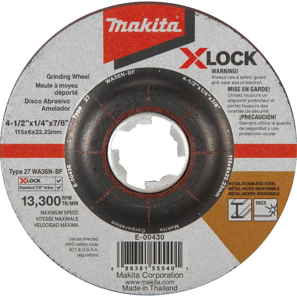 Makita X-LOCK 4-1/2 in. x 1/4 in. x 7/8 in. 36-Grit Type 27 General Purpose Grinding  Wheel for Metal  Stainless Steel Grinding E-00430