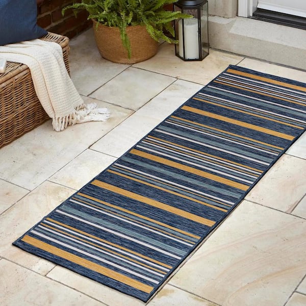 JONATHAN Y Janus Classic Coastal Ticking Stripe Reversible Machine-Washable Cream/Navy 2 ft. x 8 ft. Indoor/Outdoor Runner Area Rug