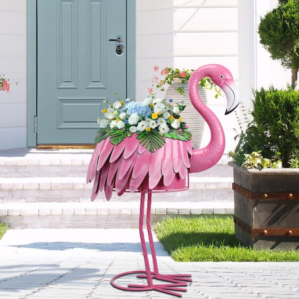 Augbeer Metal Standing Flamingo Plant Pots with Drain Hole for