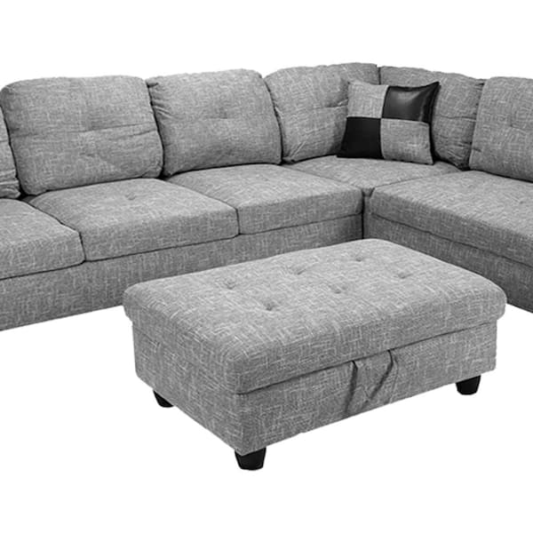 Star Home Living 3-Piece Light Gray Linen 4-Seater L-Shaped Right-Facing  Chaise Sectional Sofa with Ottoman SH118B - The Home Depot