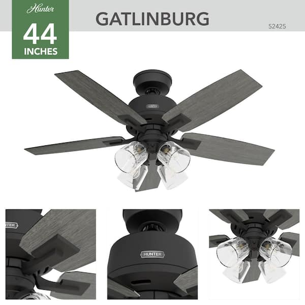 Hunter - Gatlinburg 44 in. Indoor Matte Black Ceiling Fan with Light Kit and Remote Included