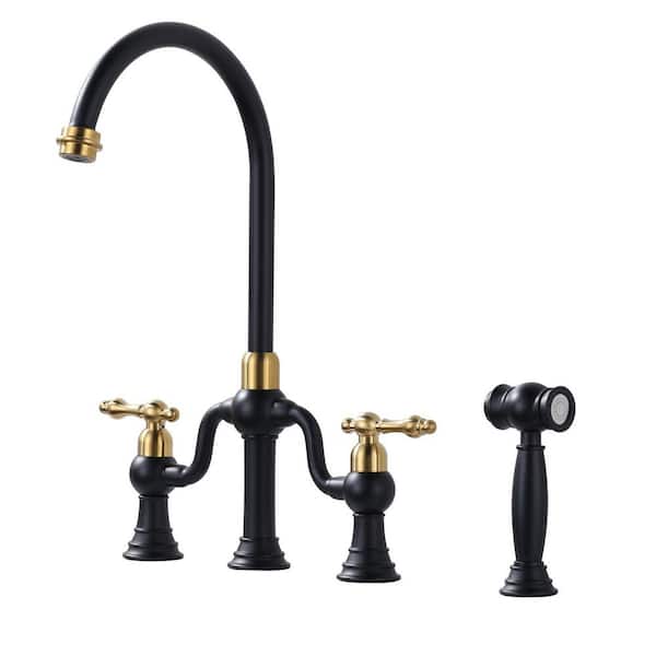 Double Handle Deck Mounted Brass Bridge Kitchen Faucet with Side Sprayer in Black and Gold