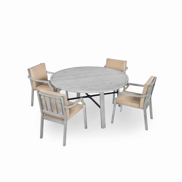 4-Piece Outdoor Wood Outdoor Dining Set with Removable Khaki Cushions & Umbrella Hole for Patio & Garden, Antique Gray