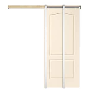 36 in. x 80 in. Beige Painted Composite MDF 2PANEL Arch Top Sliding Door with Pocket Door Frame and Hardware Kit