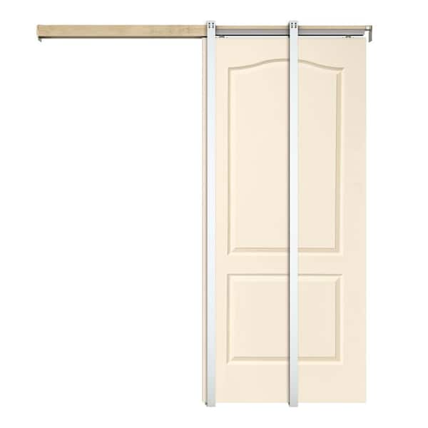 CALHOME 36 in. x 80 in. Beige Painted Composite MDF 2PANEL Arch Top Sliding Door with Pocket Door Frame and Hardware Kit