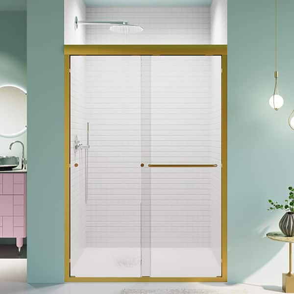 44 in. 48 in. Wx72 in. H Semi Frameless Double Sliding Shower Bypass 1/4 in. Thick SGCC Tempered Glass Door Brushed Gold