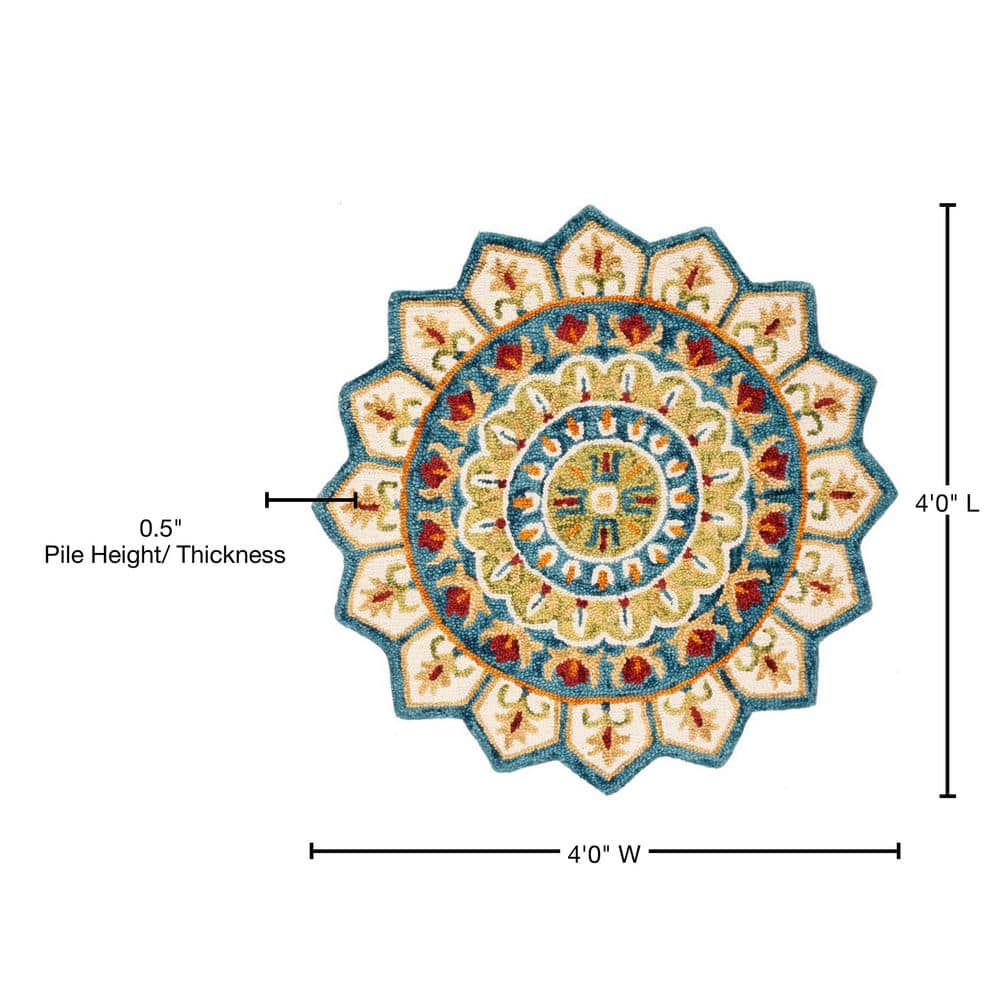 Handmade Tufted Round Blue and Ivory Floral Wool Rug