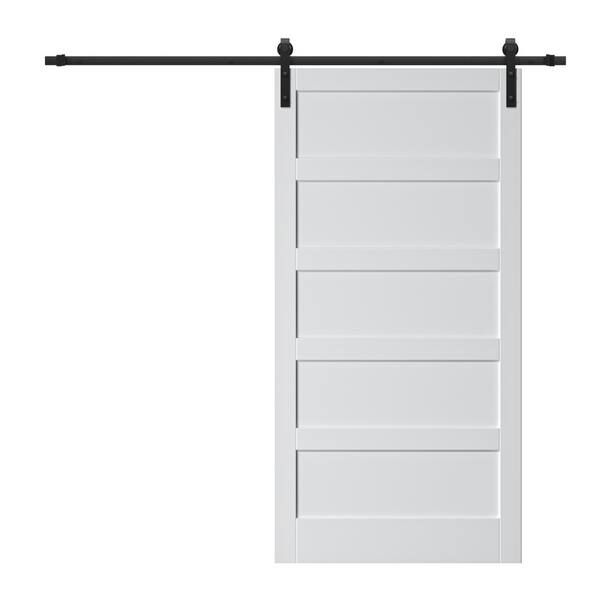ARK DESIGN 84 in. W. x 84 in. Paneled 5-Lites White MDF with PVC Prefinished Sliding Barn Door Slab with Installation Hardware Kit