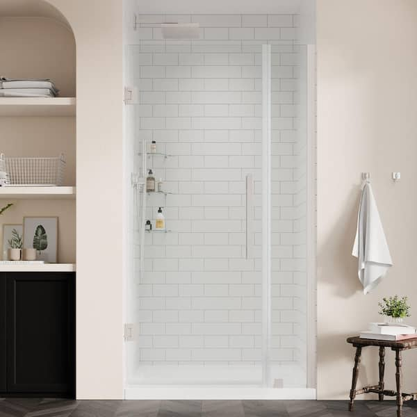 OVE Decors Tampa-Pro 40in. L x 32in. W x 75in. H Alcove Shower Kit w/Pivot Frameless Shower Door in Nickel w/Shelves and Shower Pan