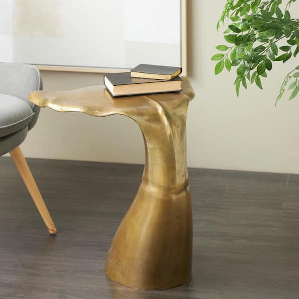 Litton Lane 21 in. Gold Tail Whale Large Round Aluminum End Table with Weathered Distressing and Pock Marks