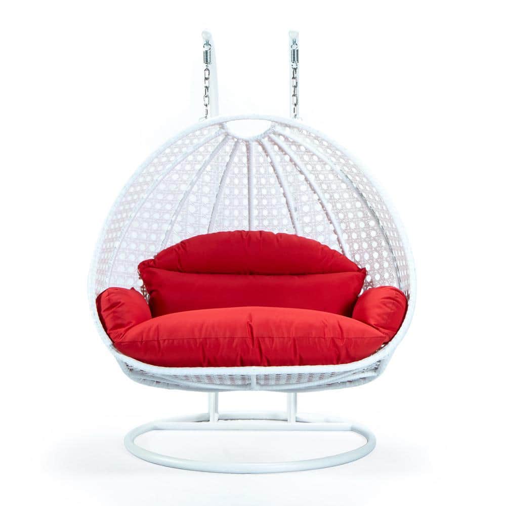 2-Person Egg Swing Chair White Wicker Outdoor Patio Hanging Chair with Light Green Cushions