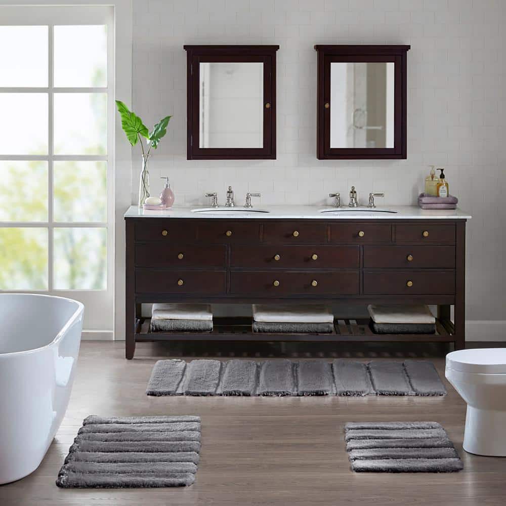 Grey Tufted Polyester Bathroom Rug with Non-Skid Backing, 24" x 58"