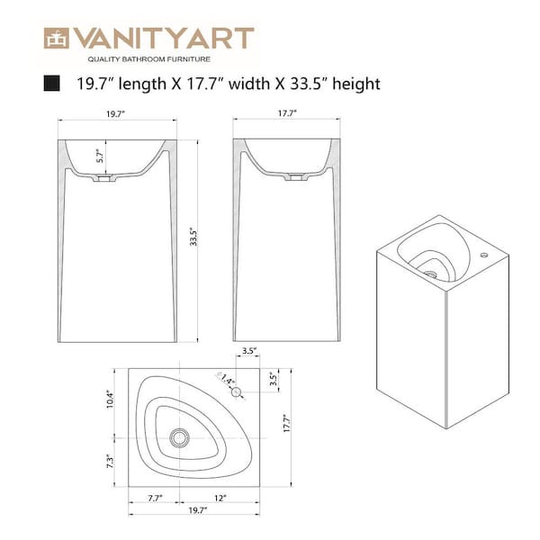 Vanity Art 20 in. L x 18 in. W x 33.5 in. H Stone Resin Transparent Freestanding Pedestal Sink Basin with Faucet Hole in Coffee