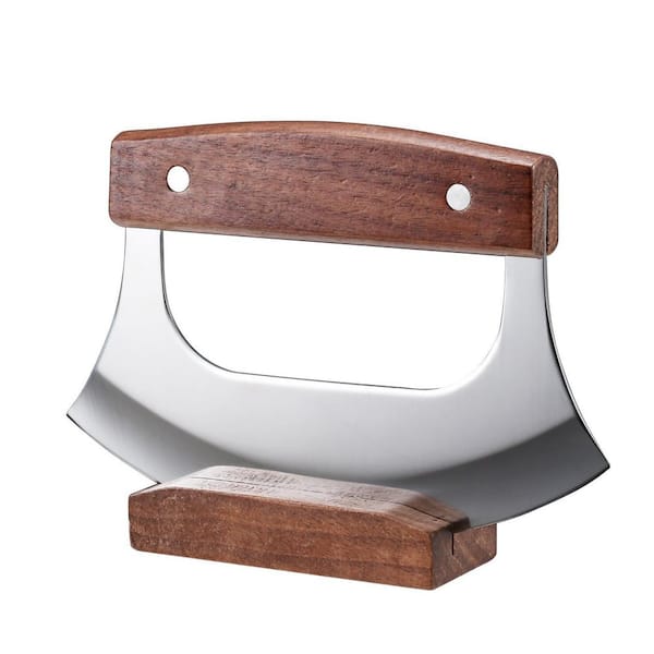 Sharp Rocker Mezzaluna Knife with Stand for Cutter Pizza, Meat, Vegetables, Herb, Salad, Walnut Wood Handle