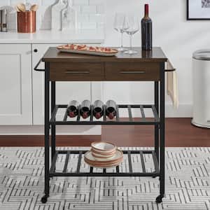 Blake Industrial Black Metal Frame Rolling Kitchen Cart with Walnut Top, Double-Drawer Storage and Shelves (35" W)