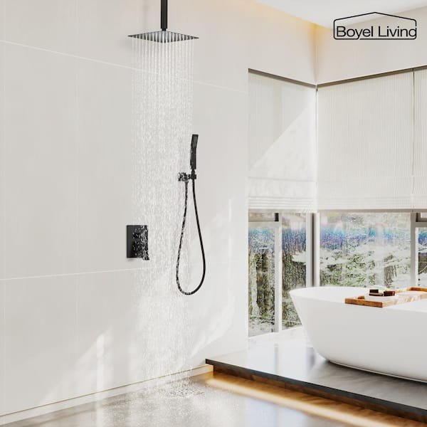 1-Spray Patterns with 2.5 GPM 10 in. Ceiling Mount Dual Shower Heads with Pressure Balance Valve in Matte Black