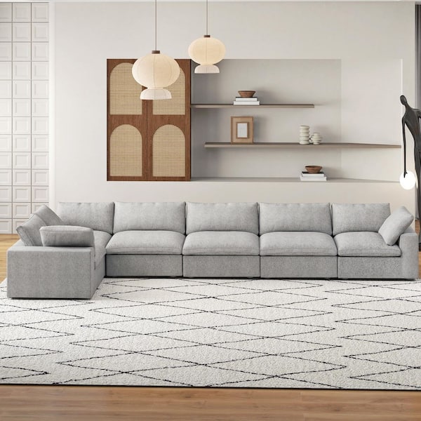 157 in. Square Arm 6-Piece Linen U-shaped Sectional Sofa Cloud Couch in Gray with Storage Ottomans