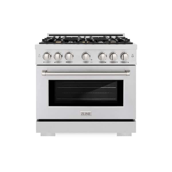 ZLINE Kitchen and Bath 36 in. 5.2 cu. ft. Select Gas Range with Convection Gas Oven in Satin Stainless Steel with 6 Brass Burners
